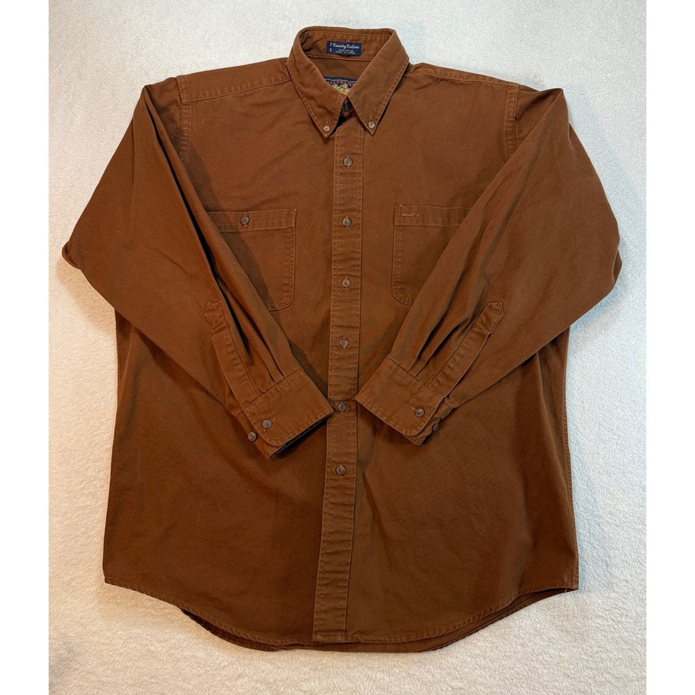 VTG Ralph Lauren Chaps Country Cottons Brown Canvas Button Down Shirt 16 32-33